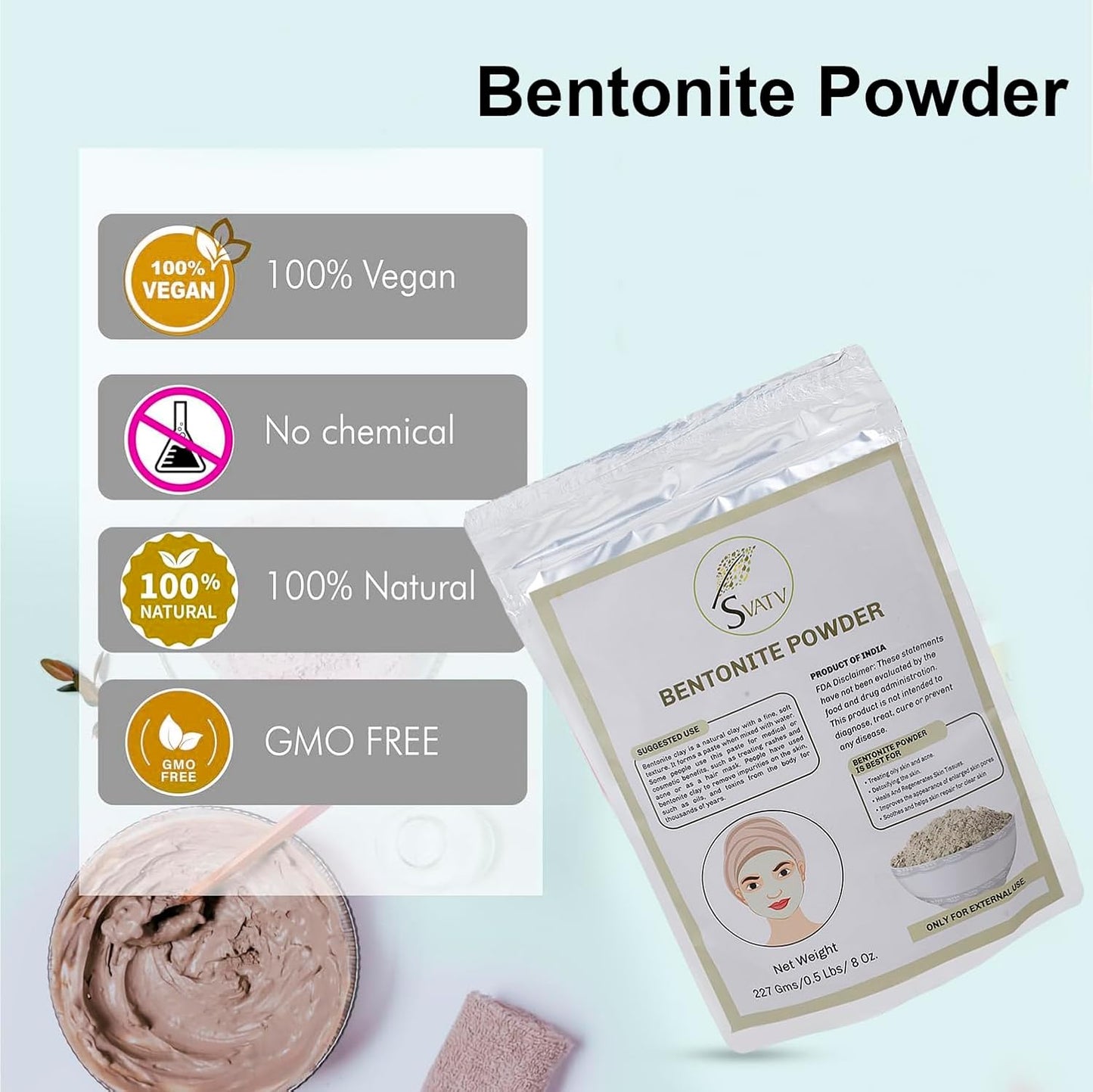 SVATV Bentonite White Clay Powder Natural Face Packs For Skin 227gm