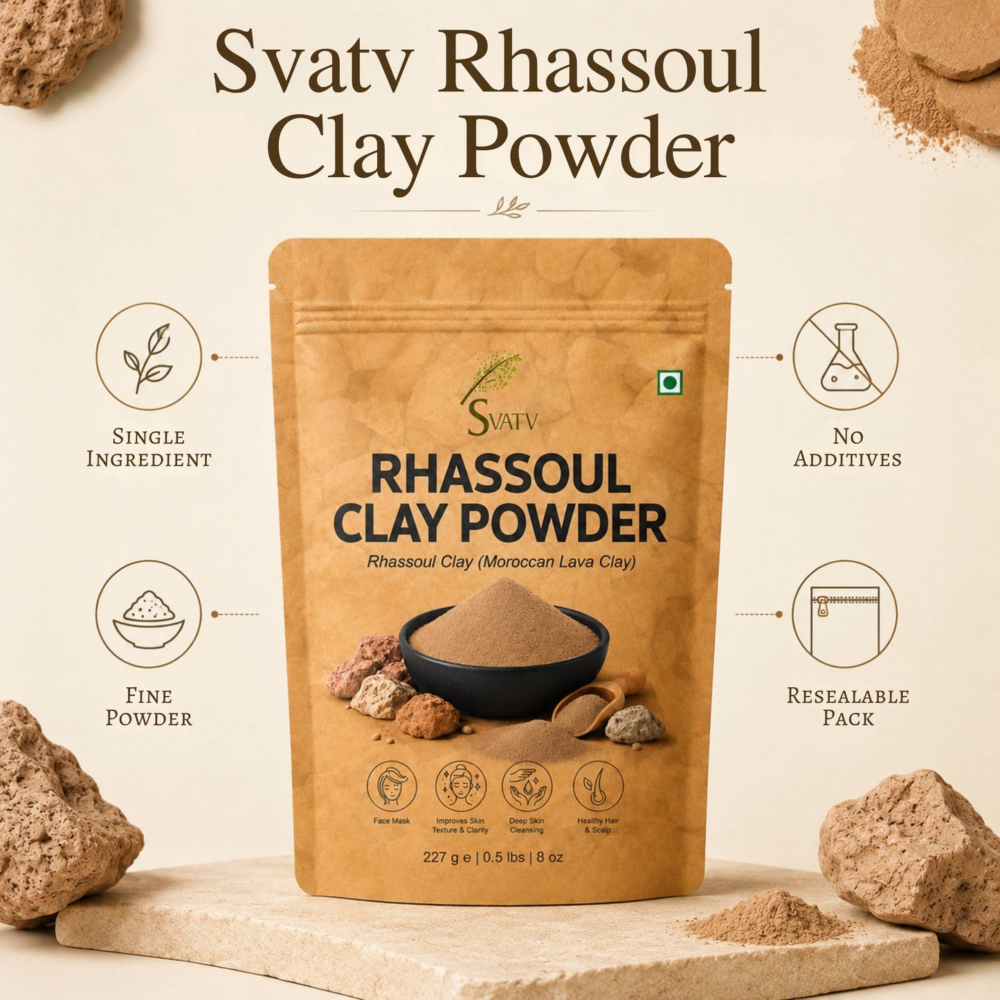 SVATV Rhassoul Clay powder | Ghassoul Clay | For Skin 227gm (8_oZ)
