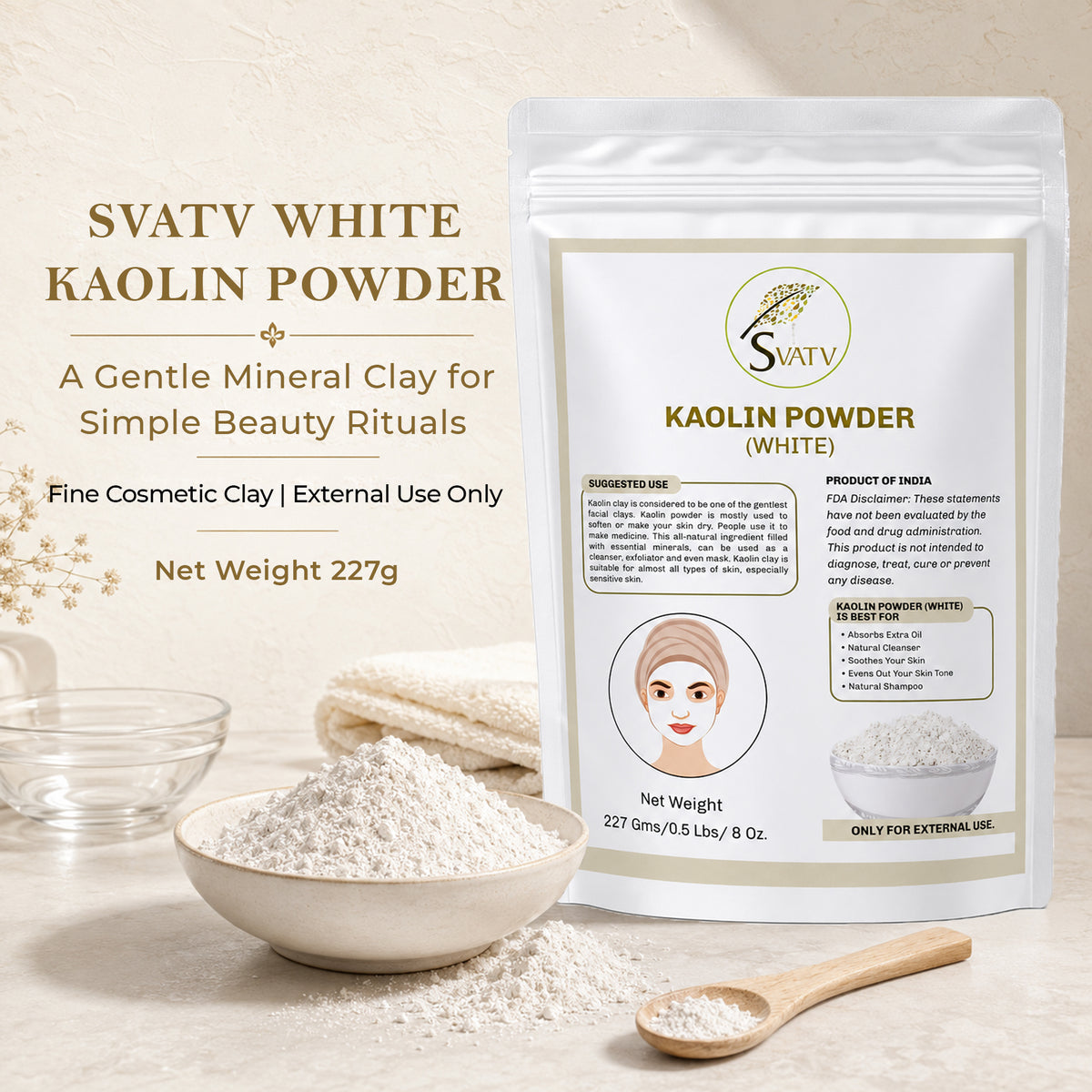 SVATV White Kaolin White Clay I Powder For Skin 227gm (8_oZ)