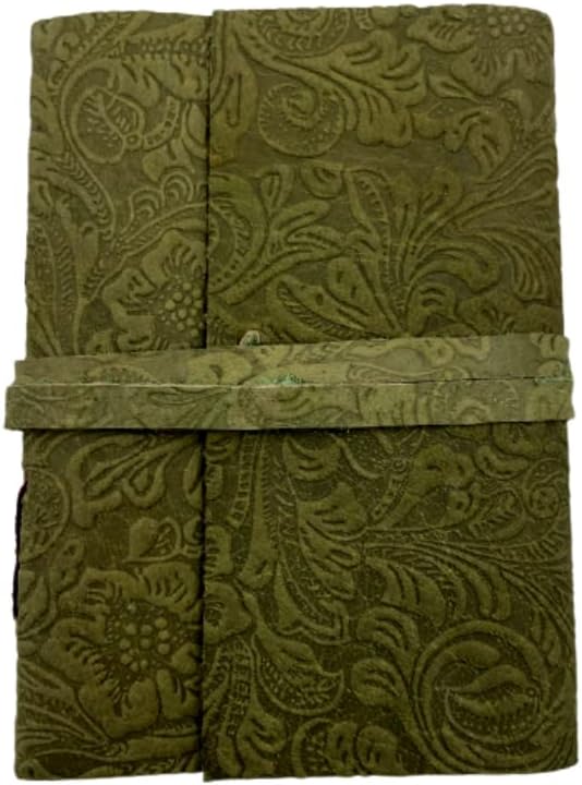 OVERDOSE GREEN FLOWER Leather Journal - With Antique Flowers Art Handmade Edge Paper 5/7