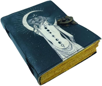 OD-33 OVERDOSE Lady With Moon Design UV Print Leather Journal With Brass C-Lock - Handmade Unlined Deckle Vintage Paper 6/8