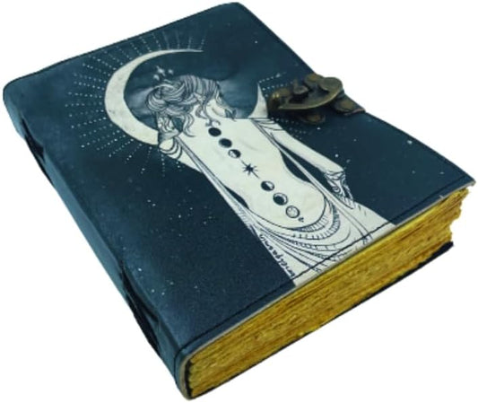 OD-33 OVERDOSE Lady With Moon Design UV Print Leather Journal With Brass C-Lock - Handmade Unlined Deckle Vintage Paper 6/8