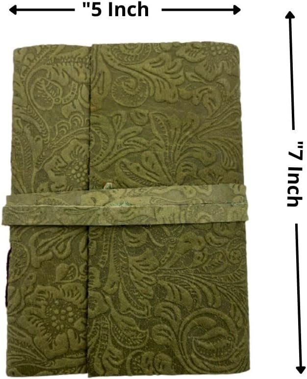 OVERDOSE GREEN FLOWER Leather Journal - With Antique Flowers Art Handmade Edge Paper 5/7