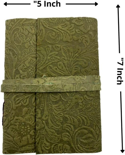 OVERDOSE GREEN FLOWER Leather Journal - With Antique Flowers Art Handmade Edge Paper 5/7
