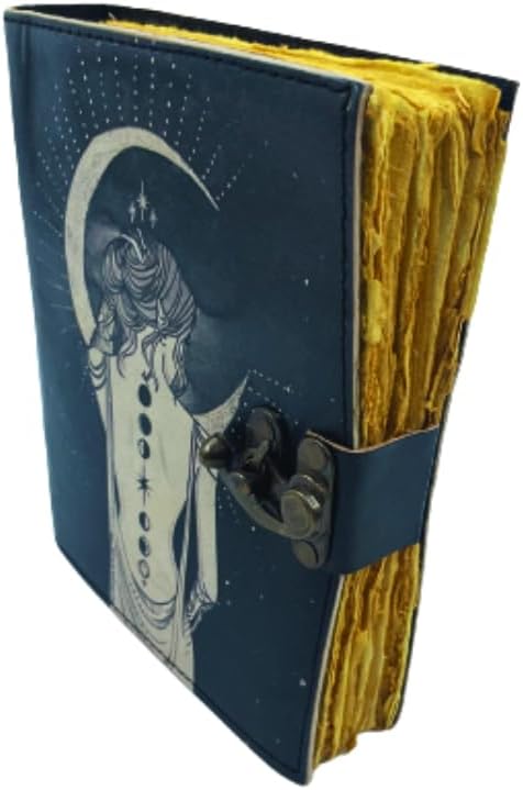 OD-33 OVERDOSE Lady With Moon Design UV Print Leather Journal With Brass C-Lock - Handmade Unlined Deckle Vintage Paper 6/8