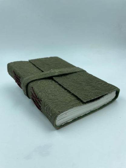 OVERDOSE GREEN FLOWER Leather Journal - With Antique Flowers Art Handmade Edge Paper 5/7