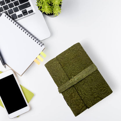 OVERDOSE GREEN FLOWER Leather Journal - With Antique Flowers Art Handmade Edge Paper 5/7