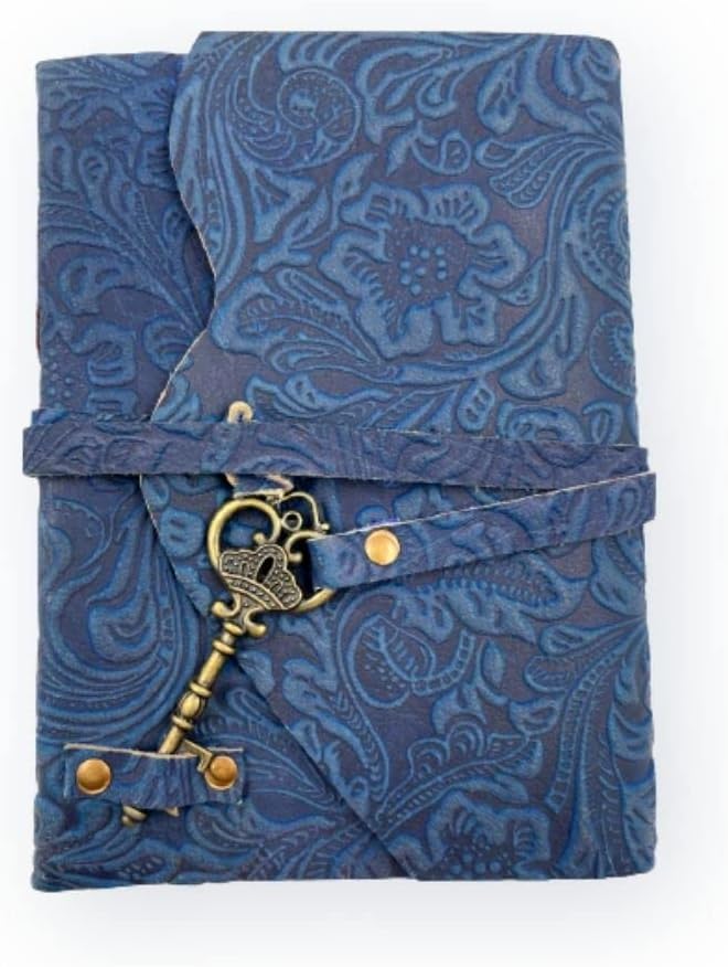 OVERDOSE Handcrafted Blue Flower Antique Journal with Treasure Key Closure 5/7