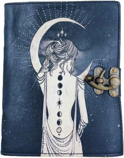 OD-33 OVERDOSE Lady With Moon Design UV Print Leather Journal With Brass C-Lock - Handmade Unlined Deckle Vintage Paper 6/8