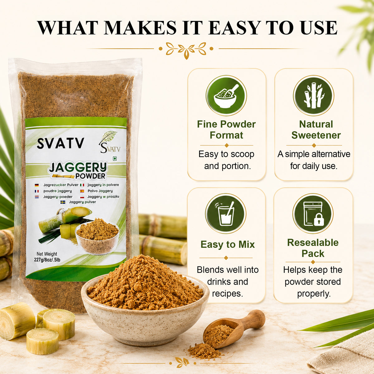 SVTAV Jaggery Powder, Hand-Grinded Gur Powder | Natural Sweetener | 227gm (8oz)