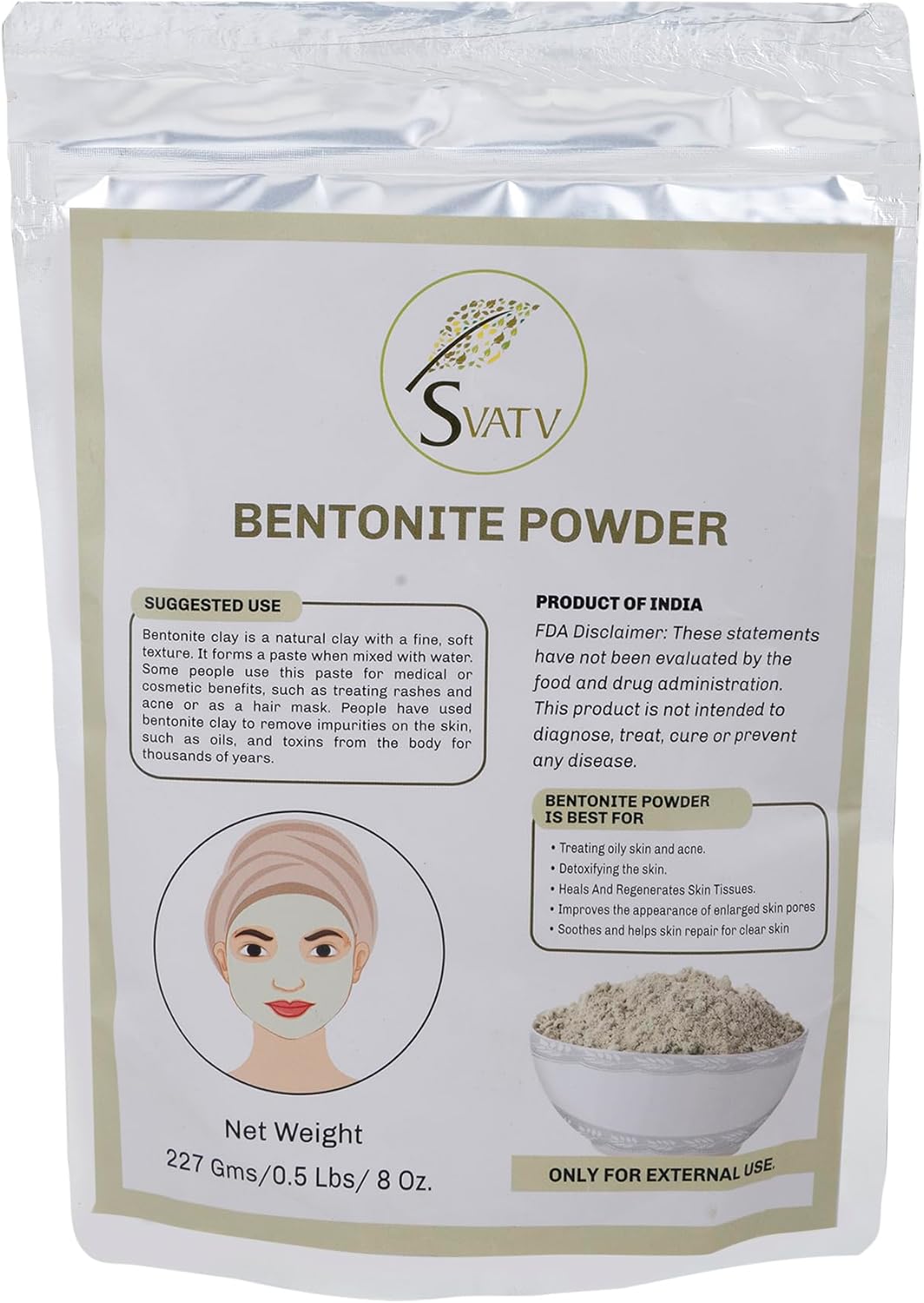 SVATV Bentonite White Clay Powder Natural Face Packs For Skin 227gm