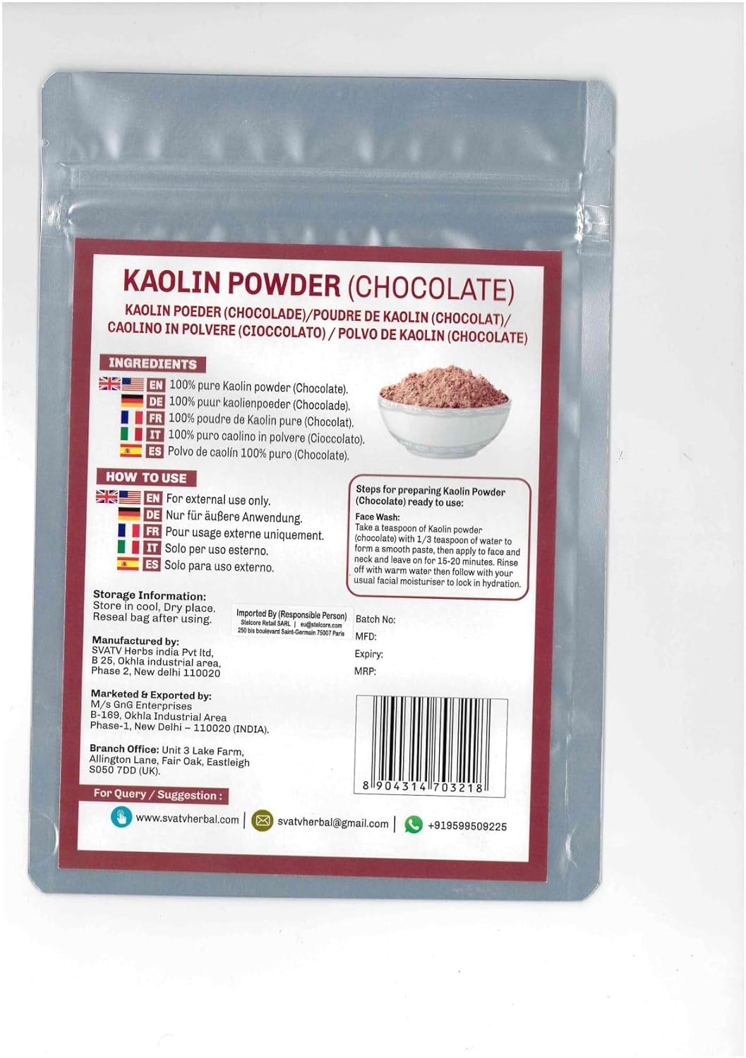 Svatv Kaolin Chocolate Powder For Skin 227gm (8_oZ)