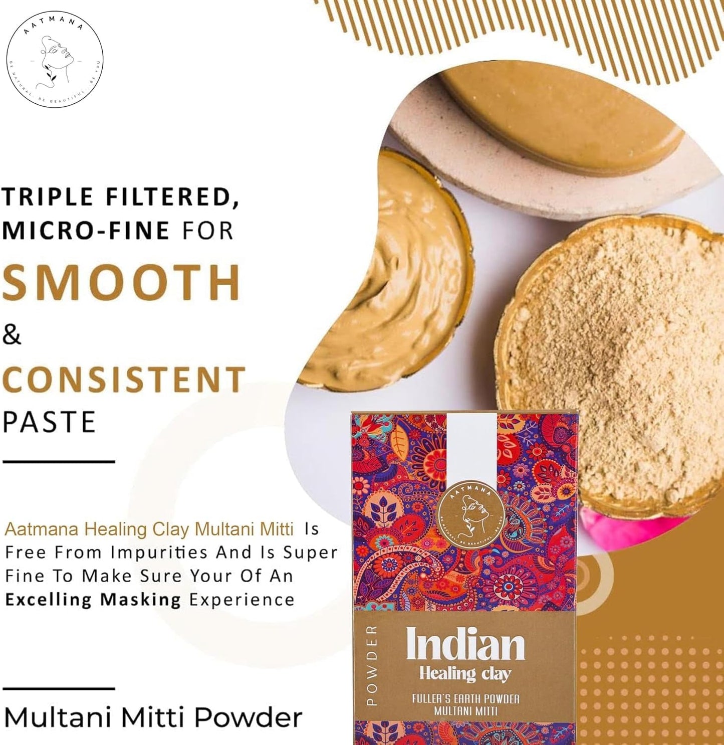 AATMANA Fullers Earth Powder | Multani Mitti | Indian Healing Clay | For Skin 100gm