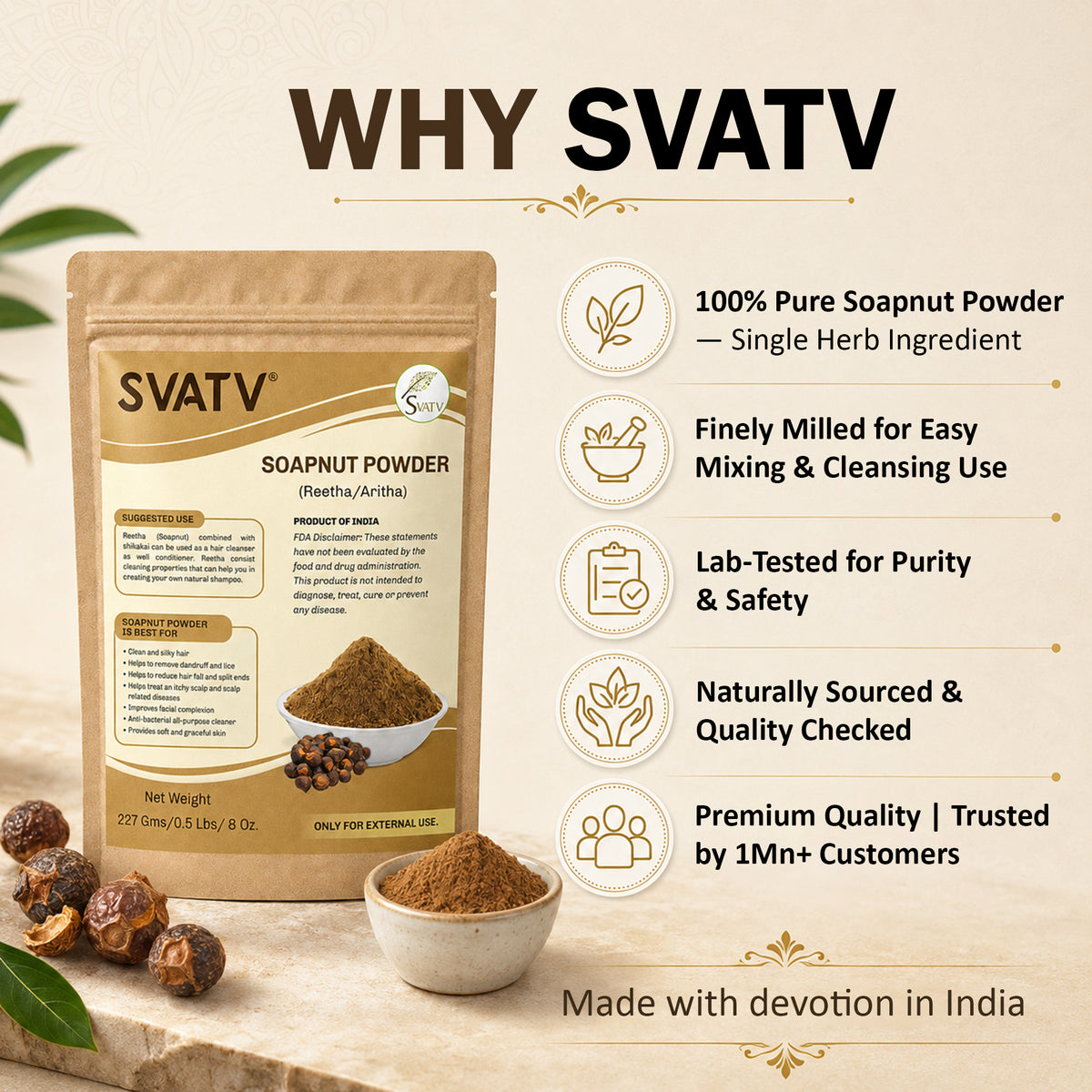 SVATV Soapnut Powder | Reetha | Aritha Powder for Hair Care 227gm (8_oZ)