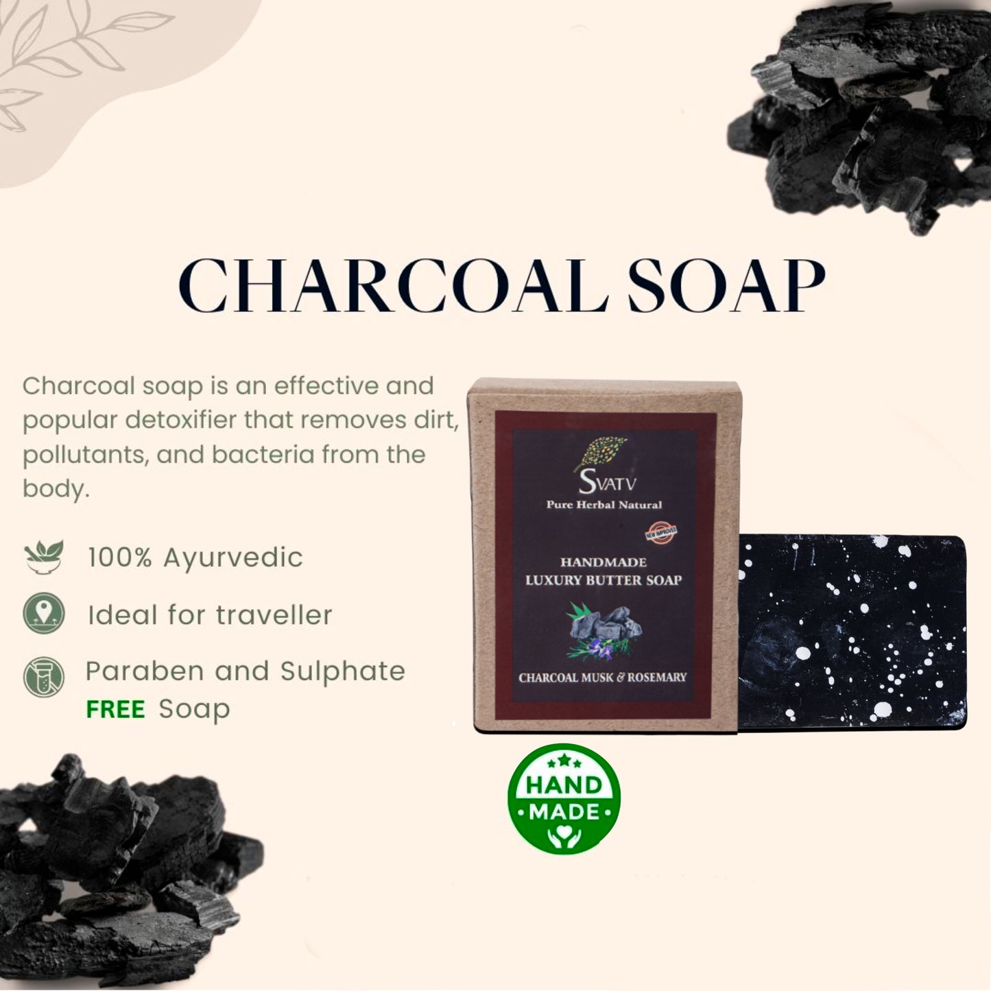 Pack of 2 - SVATV Handmade Soap with natural, soothing herbs of Charcoal Musk Rosemary,