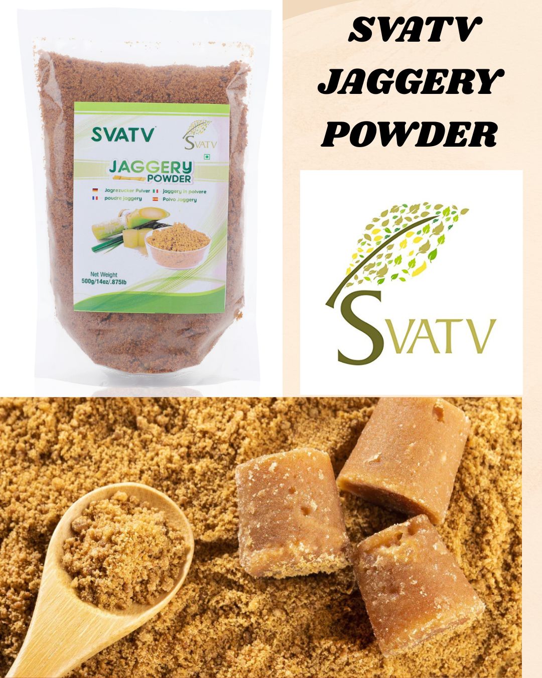SVTAV Jaggery Powder, Hand-Grinded Gur Powder | Natural Sweetener | 500gm (16_oZ)